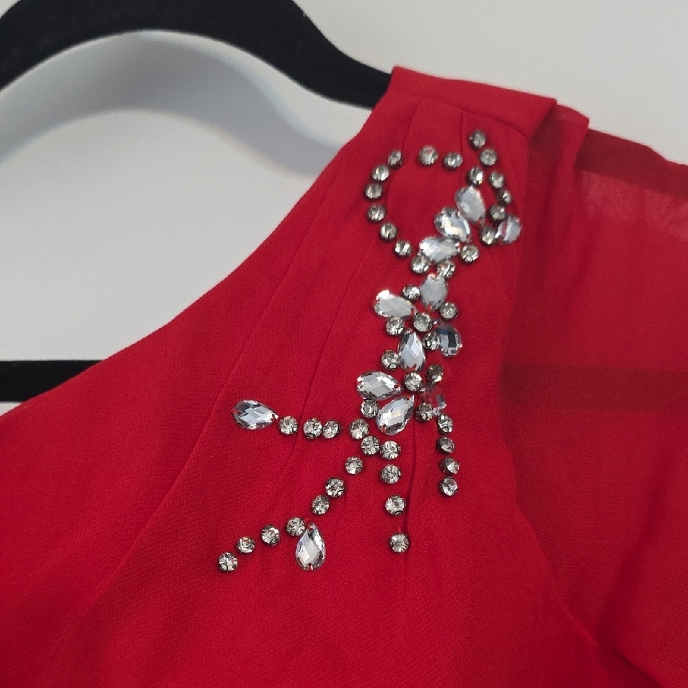 Nwot One-Shoulder Red Wide-Leg Jumpsuit with Sheer Draped Sleeve - Picture 4 of 11